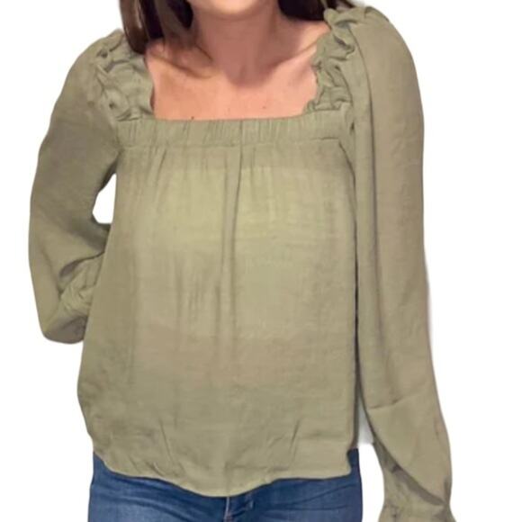 Blu Pepper Ruffled Blouse Women's Size L Sage Green Puff Sleeve Crepe Square - Picture 1 of 13